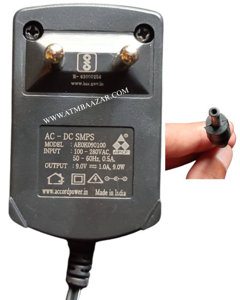 0.75X5.5-PIN-9.0V-1.0A-9.0W-accordpower-AE0K090100-charger-for-Evolute-falcon-thermal-printer